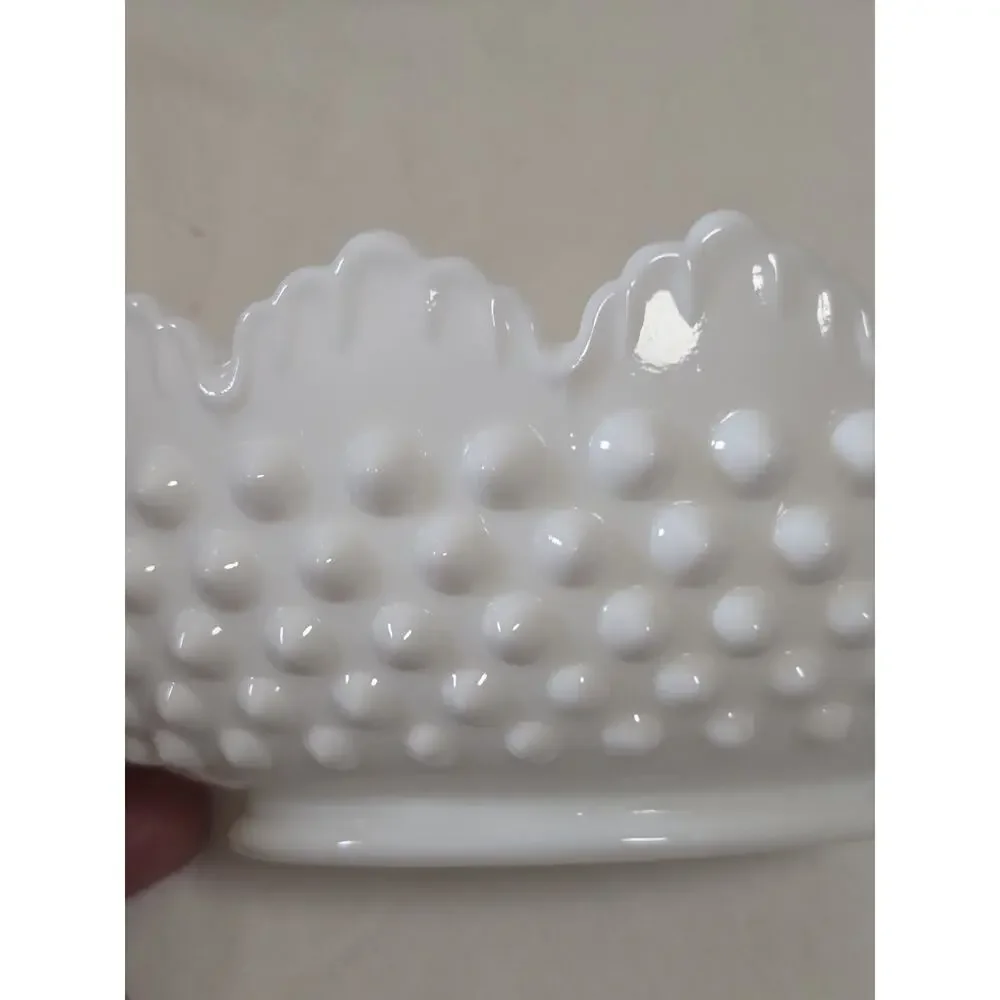 Fenton Hobnail Milk Glass Two Handled Oval Candy Nut Dish Bowl Ruffled Edge 7